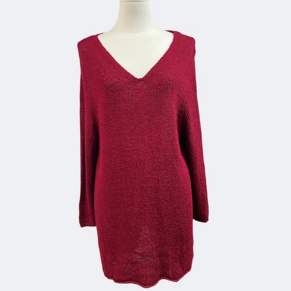 Eileen Fisher Sweater Women 2X Burgundy V Neck Knit Tunic Pullover Linen Viscose